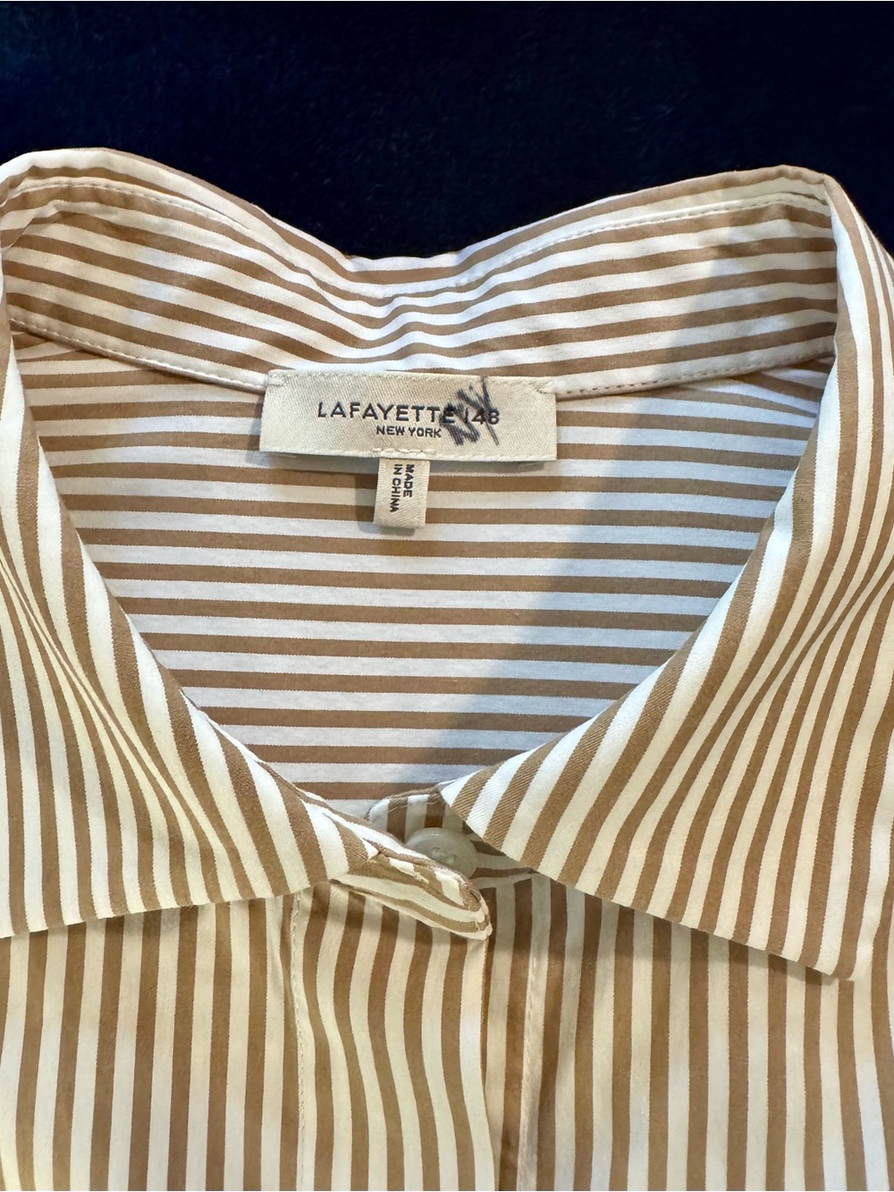 Women’s Lafayette 148 Taupe and White Striped Blouse, L